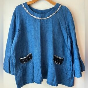 Cottage Clothing Women’s Blue Linen top 3/4 sleeves size Large